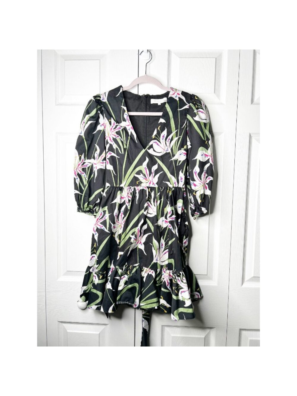 Borgo de Nor Anita Black Lily Print 100% Cotton Wrap Mini Dress Women's Size 0-2
